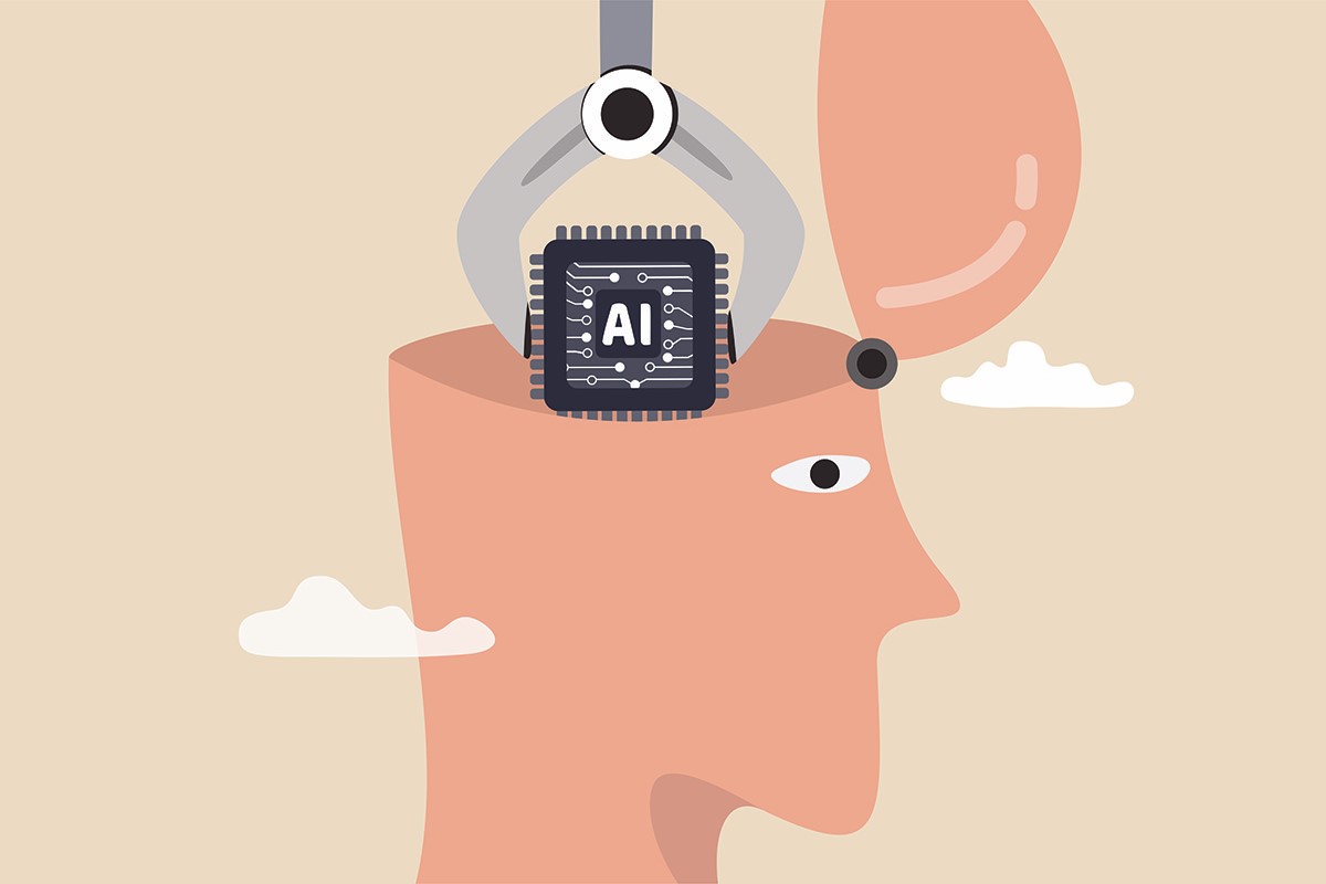 Illustration of a microchip labeled AI pulled from a human head